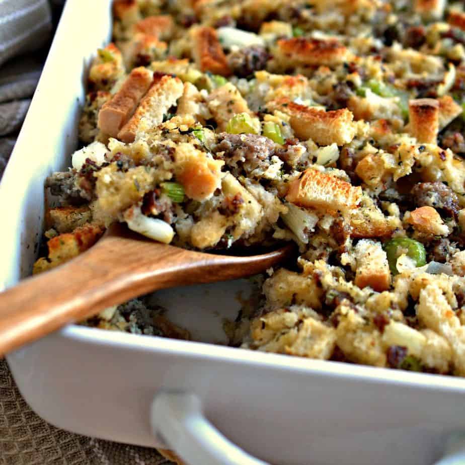 This sausage stuffing comes together quickly and bakes to perfection in about thirty minutes. It is delicious served with roasted turkey, pork, or chicken. 