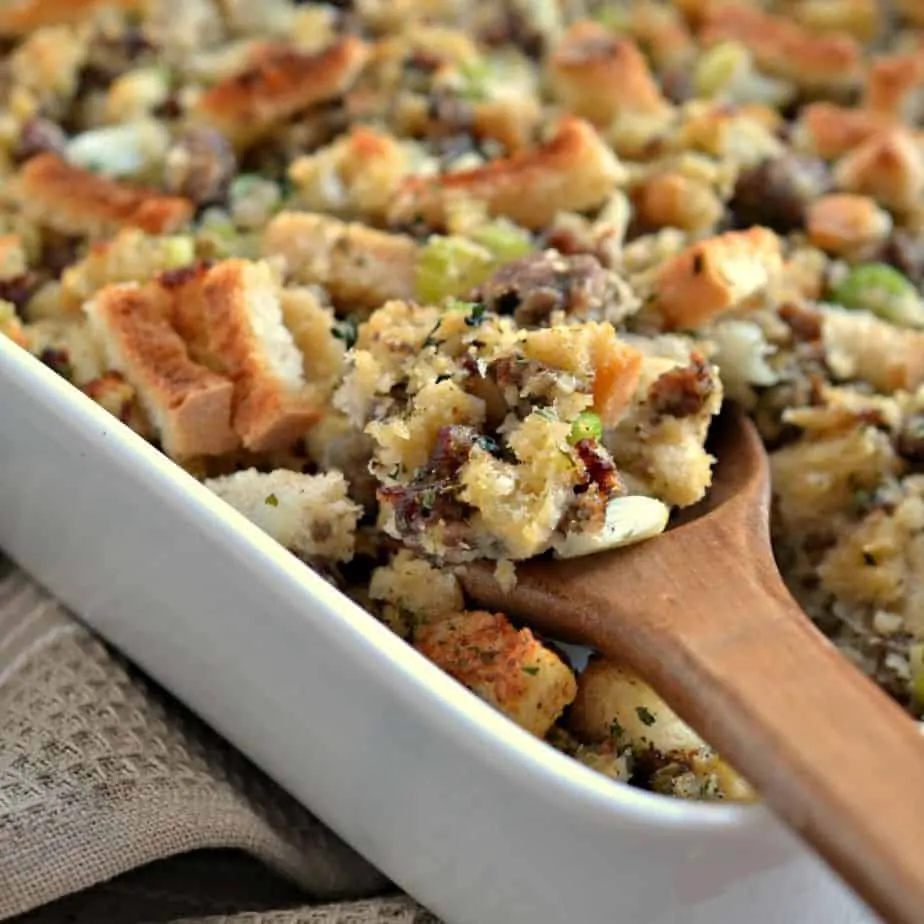 This Sausage Stuffing recipe is made easy with pork sausage, dried bread cubes, sautéed onions, celery, and garlic, and a perfect blend of fragrant fresh herbs for plenty of flavor.  I