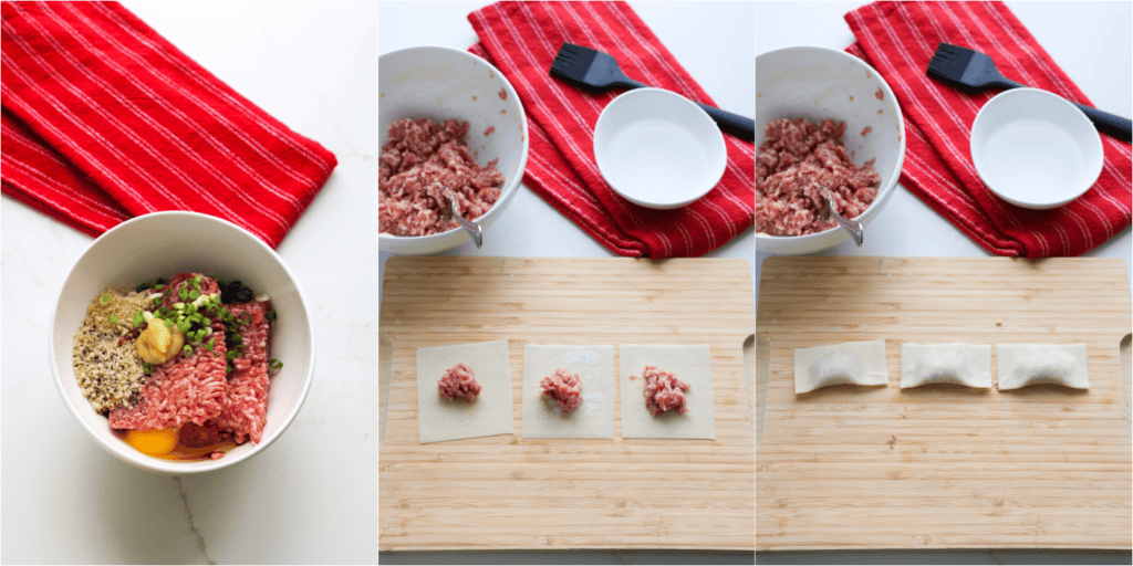 Some of the steps to making wonton soup. Mix the pork, ginger, soy sauce, green onions, breadcrumbs, egg, salt, and pepper. Stuff the wontons. 