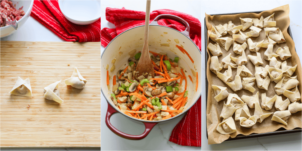 Some of the steps to making wonton soup. Cook the onions, mushrooms, carrots, and celery in a little oil over medium heat. Reduce the heat to low and add the garlic and ginger, cook for a minute. Stuff the wontons and add the vegetable broth and bring the mixture to a boil. Reduce the heat and simmer until the carrots are tender.