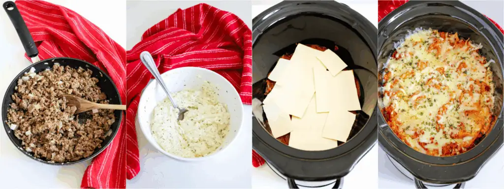 Some of the steps for making crock pot lasagna. Brown the ground beef and add the onions halfway through the browning process. Reduce the heat to low and add the garlic, cooking for a minute. Mix the ricotta cheese, parsley, oregano, basil, onion powder, and egg. Spray the crock pot with nonstick cooking spray. Spoon about 3/4 cup of marinara sauce into the bottom of the crock pot. Layer the lasagna and drizzle the water down the sides of the crockpot. Cover and cook on LOW for 3 1/2-4 hours, but start checking after 2 1/2 hours.
