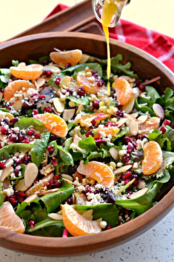 Christmas Salad is topped with a honey mustard champagne vinaigrette dressing that sparkles with flavor