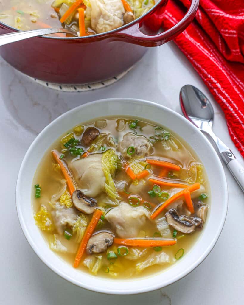 A single serving bowl full of wonton soup with a spoon the background. 