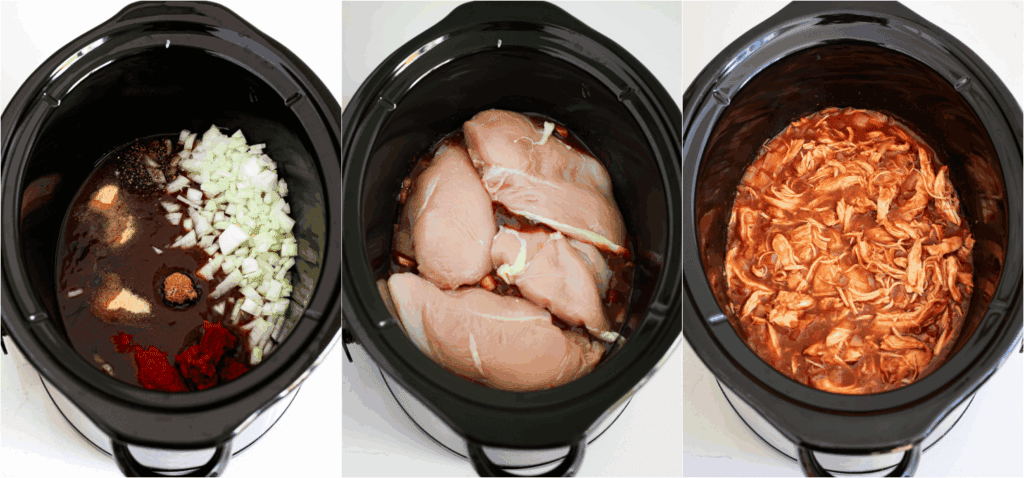 Crock Pot Pulled Chicken Some of the steps to making pulled chicken. Add barbecue sauce, onion, tomato paste, Worcestershire Sauce, apple cider vinegar, brown sugar, onion powder, garlic powder, and paprika to a small crock pot and stir to combine. Cook on high for 2-3 hours or until it shreds easily with two forks.