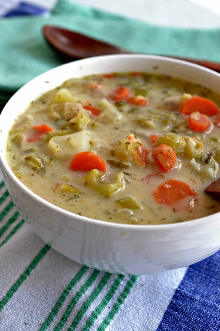 This Creamy Dill Soup has tender carrots, celery and onions in a creamy broth, seasoned with herbs and spices