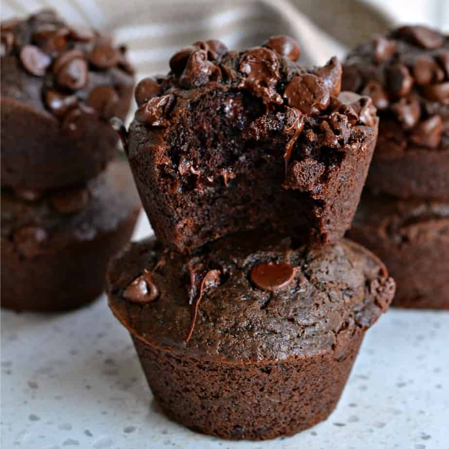 These double chocolate muffins are moist and sweet, with chocolate chips in every bite