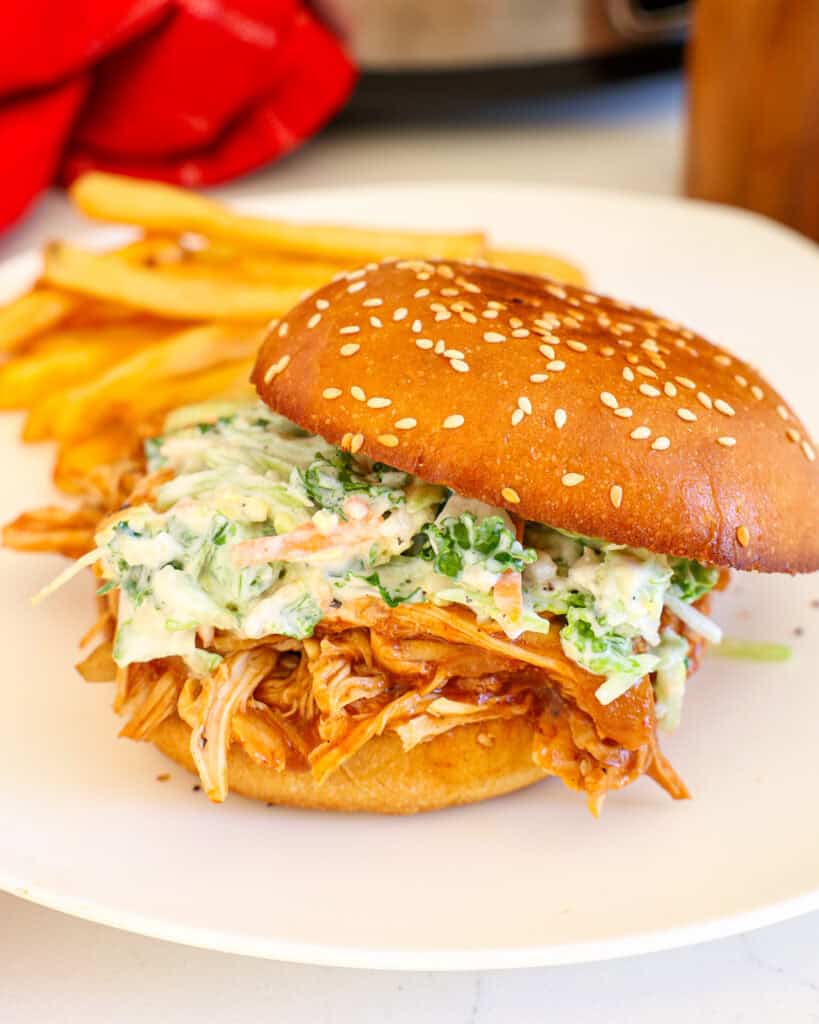 A pulled chicken sandwich with coleslaw and French fries on a single serving white plate.