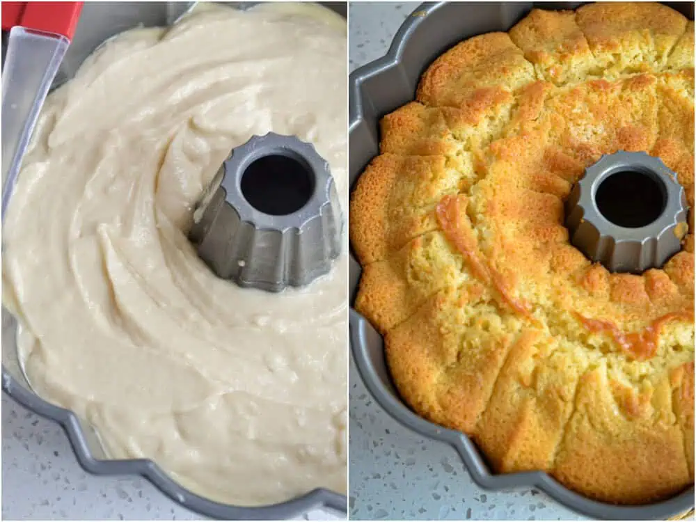 Some of the steps to making a Kentucky butter cake. Spoon the batter into the prepared pan and bake. 