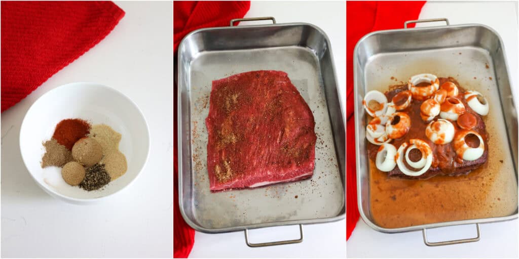 Some of the steps to making beef brisket. mix your spices in a small bowl. Pat the brisket dry with paper towels and rub the spices all over the brisket on both sides. Let the brisket sit for about 30 minutes with the dry rub on it. Place the brisket in a large roasting pan, fat side down. Cover the brisket with the onions, beer, and barbecue sauce.