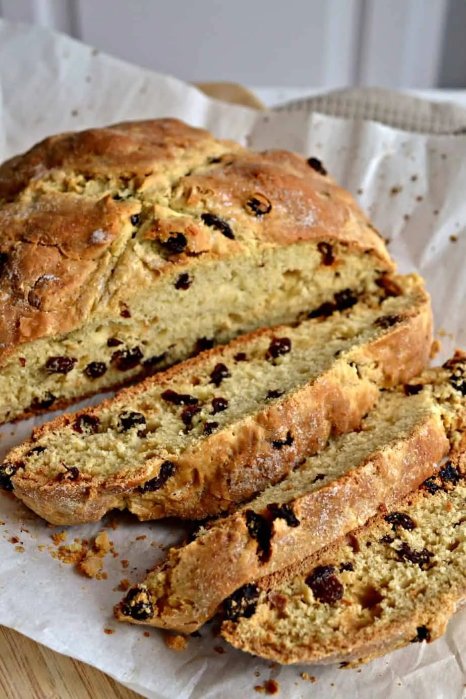Classic Irish soda bread is a slightly sweet, delicious break with raisins and topped with sanding sugar