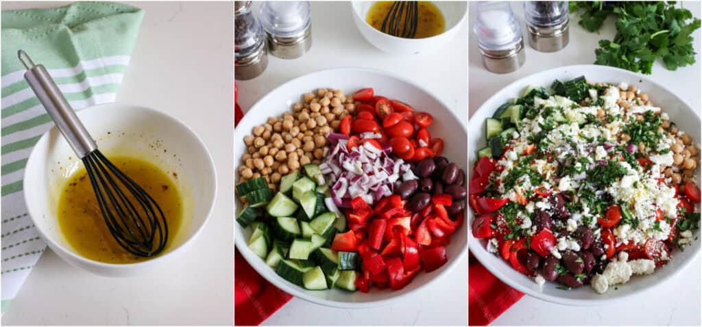 Some of the steps to make chickpea salad. First, whisk the lemon juice, olive oil, minced garlic, red pepper flakes, salt, and freshly ground black pepper in a small bowl. You can also shake the ingredients in a mason jar with a lid. Next, combine the garbanzo beans (chickpeas), cucumber, grape tomatoes, bell pepper, kalamata olives, red onions, and feta cheese. 