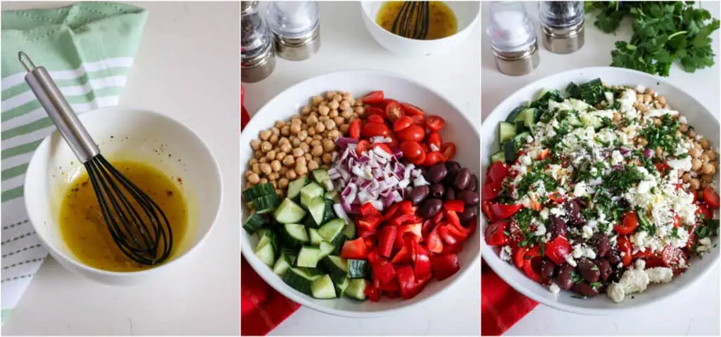 Some of the steps to make chickpea salad. First, whisk the lemon juice, olive oil, minced garlic, red pepper flakes, salt, and freshly ground black pepper in a small bowl. You can also shake the ingredients in a mason jar with a lid. Next, combine the garbanzo beans (chickpeas), cucumber, grape tomatoes, bell pepper, kalamata olives, red onions, and feta cheese. 