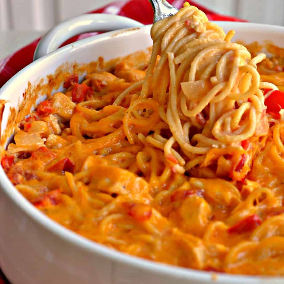 Chicken Spaghetti with a creamy cheddar Parmesan cheese sauce.