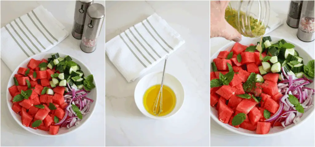 Some of the steps to making watermelon salad. First, cut all your watermelon, cucumbers, and red onion and combine them in a large bowl.  Then whisk together the olive oil, lime juice, and honey.  Drizzle in the dressing and toss gently to coat. 