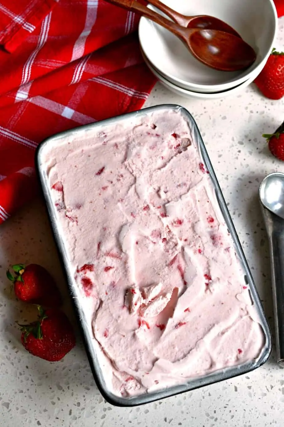 This delectable Strawberry Ice Cream is made with five easy ingredients. 
