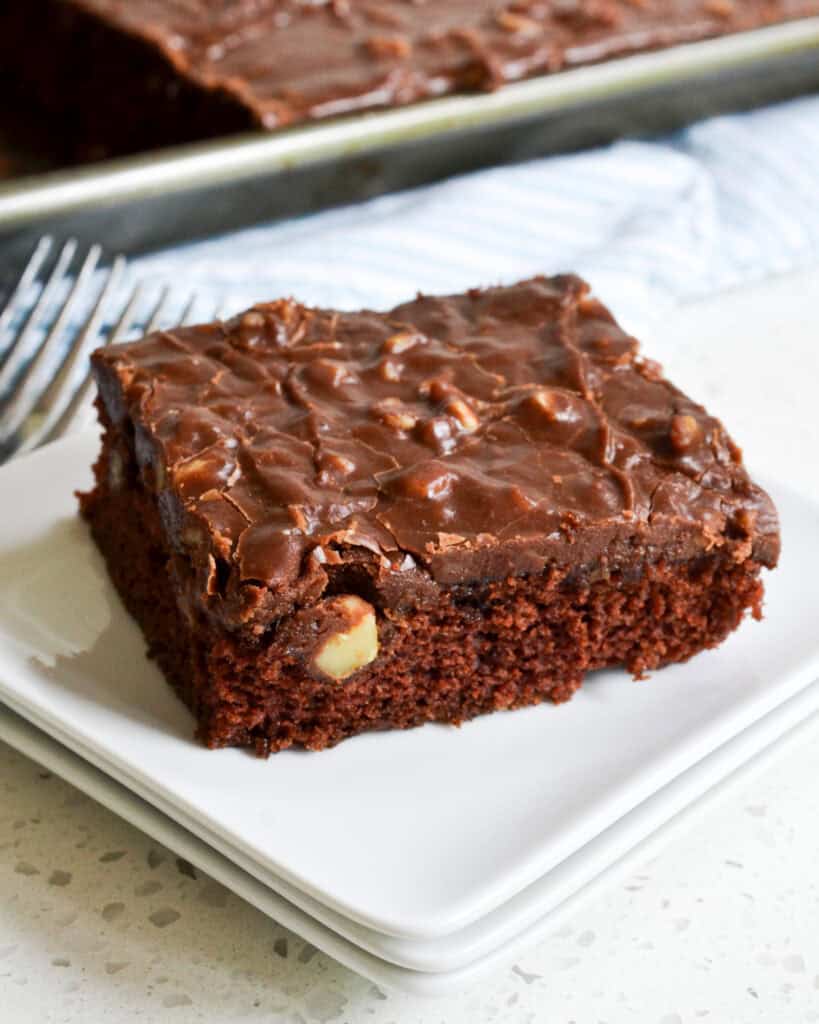 A side view of a piecce of Texas sheet cake. 