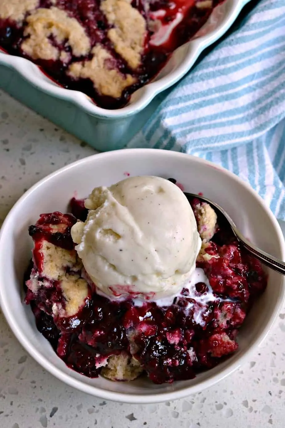 Serve this scrumptious blackberry cobbler warm right out of the oven with a scoop of French vanilla ice cream.