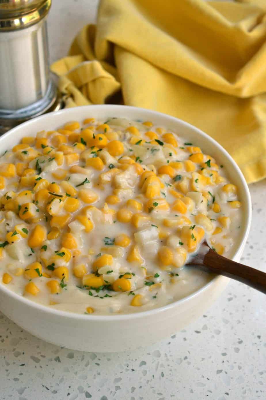 Creamed Corn is comfort food at its best. Serve along with beef tips or chicken