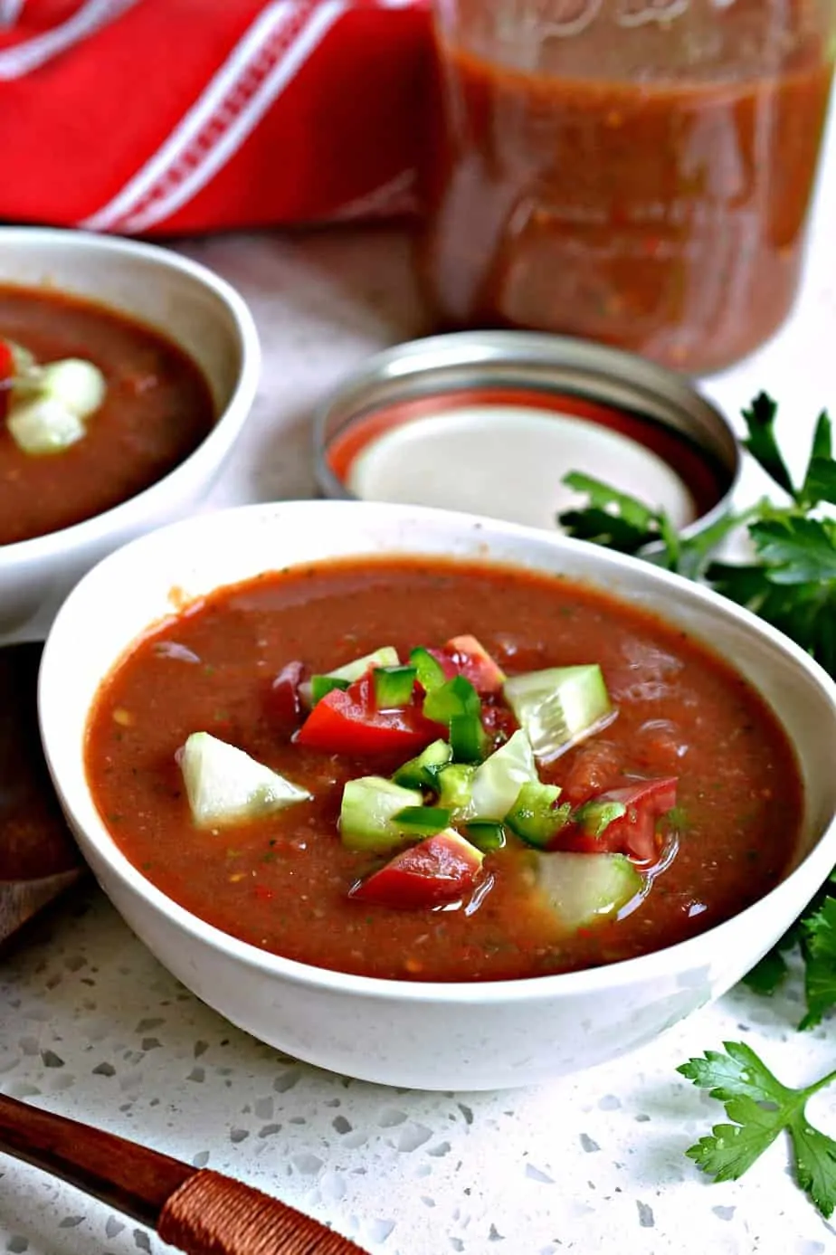 This Spanish Gazpacho recipe is bursting with the flavors of sun-ripened tomatoes, cucumber and sweet red bell pepper. 