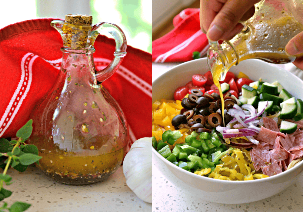 Combine all the ingredients for the Italian dressing. Cook the spaghetti al dente. Toss together the spaghetti, cucumbers, tomatoes, peppers, black olives, onions, pepperoncini, hard salami, and Parmesan Cheese. Drizzle in the Italian dressing and toss to coat.