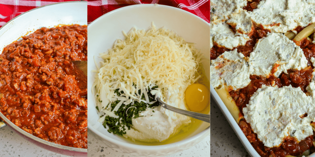 In a large skillet over medium-high heat, brown the ground Italian sausage. Toss in the chopped onion and cook. Reduce the heat, add in garlic, dried oregano, and basil, and cook for a minute. Drain any excess grease and add the marinara. Simmer for 10 minutes. In a medium bowl, mix the ricotta, Parmesan, ½ cup mozzarella, parsley, black pepper, and egg. In a large baking dish, spread a thin layer of the sauce, top with half of the ziti pasta, top with half the sauce and ricotta, top with the remaining pasta and the rest of the sauce, and sprinkle with the remaining mozzarella.
