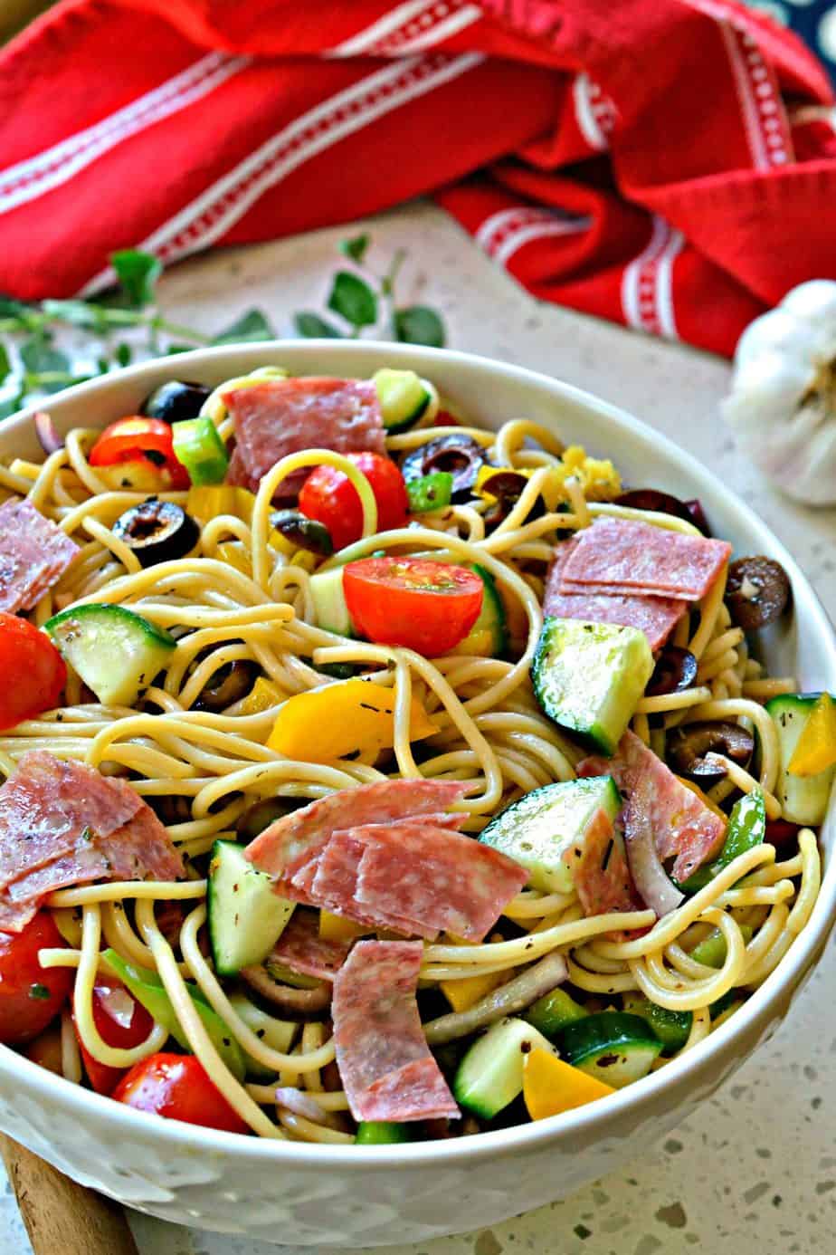 This Spaghetti Salad makes a delicious quick and easy light summer meal or side for all your grilling recipes.