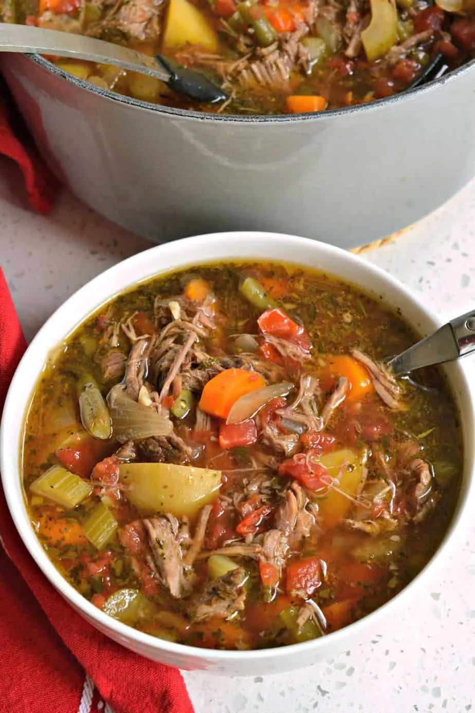 A slow simmered Vegetable Beef Soup with tender chunks of beef and wholesome fresh vegetables.