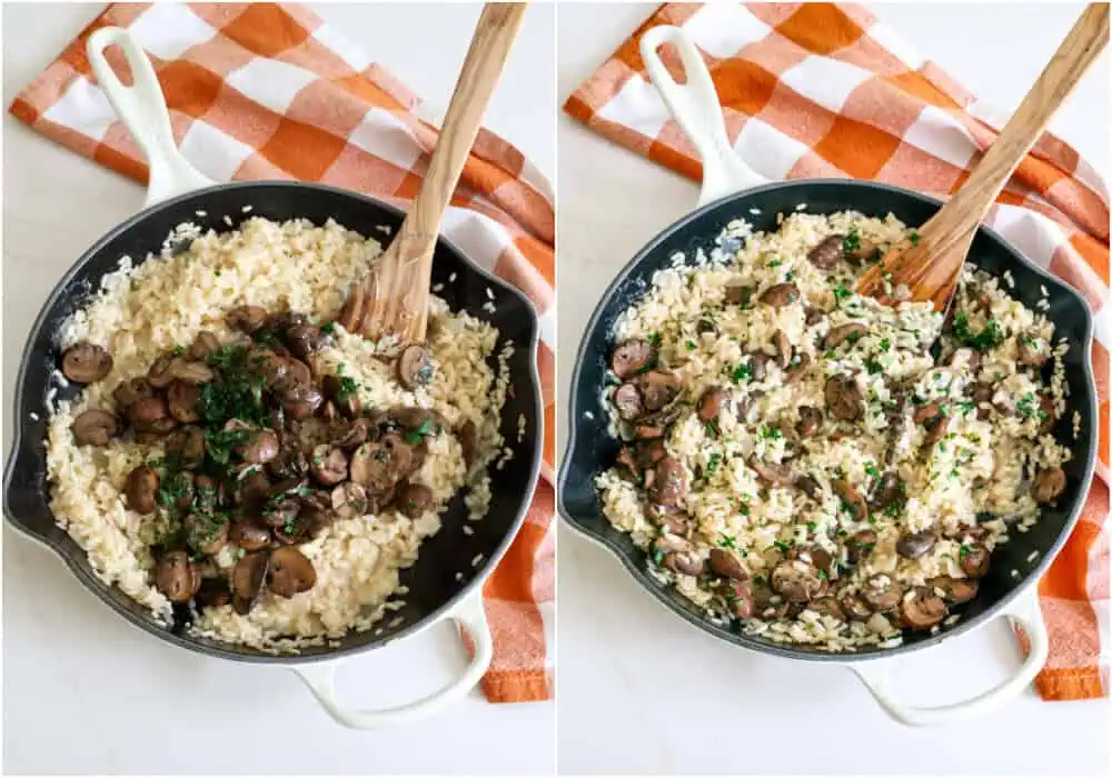 Some of the steps to making mushroom risotto. Stir in the cooked mushrooms, Parmesan cheese, and chopped fresh herbs. 
