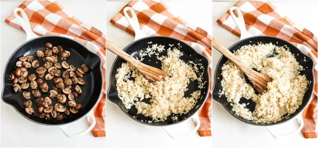 Some of the steps to making mushroom risotto. In a large skillet over medium to medium-high heat, melt some butter and heat a little olive oil.  Add the mushrooms and cook until they are golden brown, stirring a couple of times. Remove from the heat and plate the mushrooms. Now heat a little olive oil and melt a little butter in the skillet over medium heat.  Add the shallots and cook for a couple of minutes, stirring frequently. Add the Arborio rice and cook just until it starts to lightly brown, stirring constantly.  Add the wine and cook until evaporated, stirring frequently. Then, add the warmed chicken broth about 1/3 to 1/2 cup at a time, stirring frequently and cooking until the liquid is evaporated after each addition of broth.. 