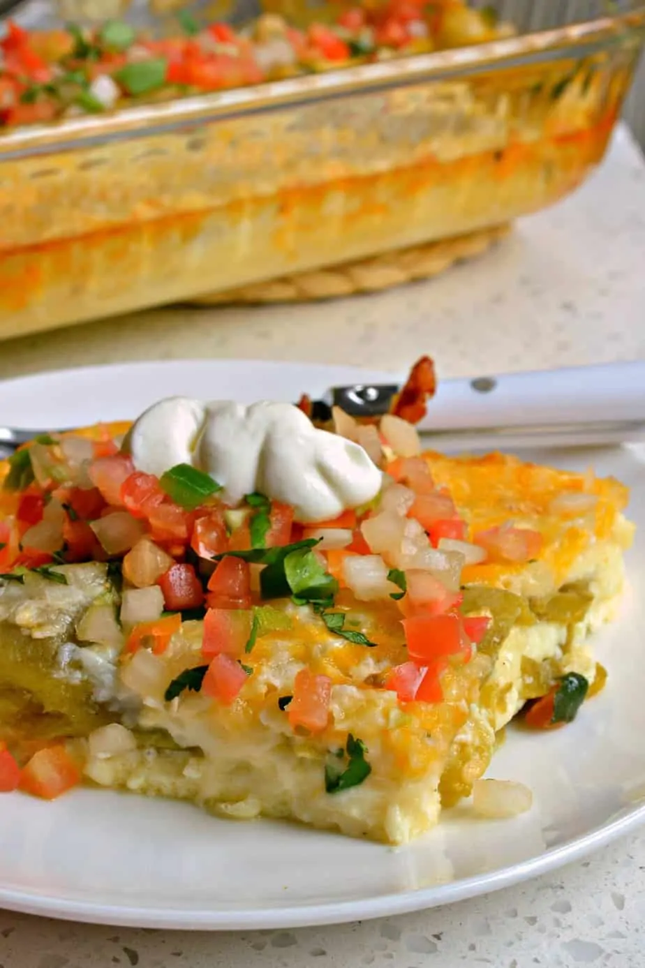 Chile Relleno Casserole is loaded with green chiles, Monterey Jack cheese and cheddar cheese. 