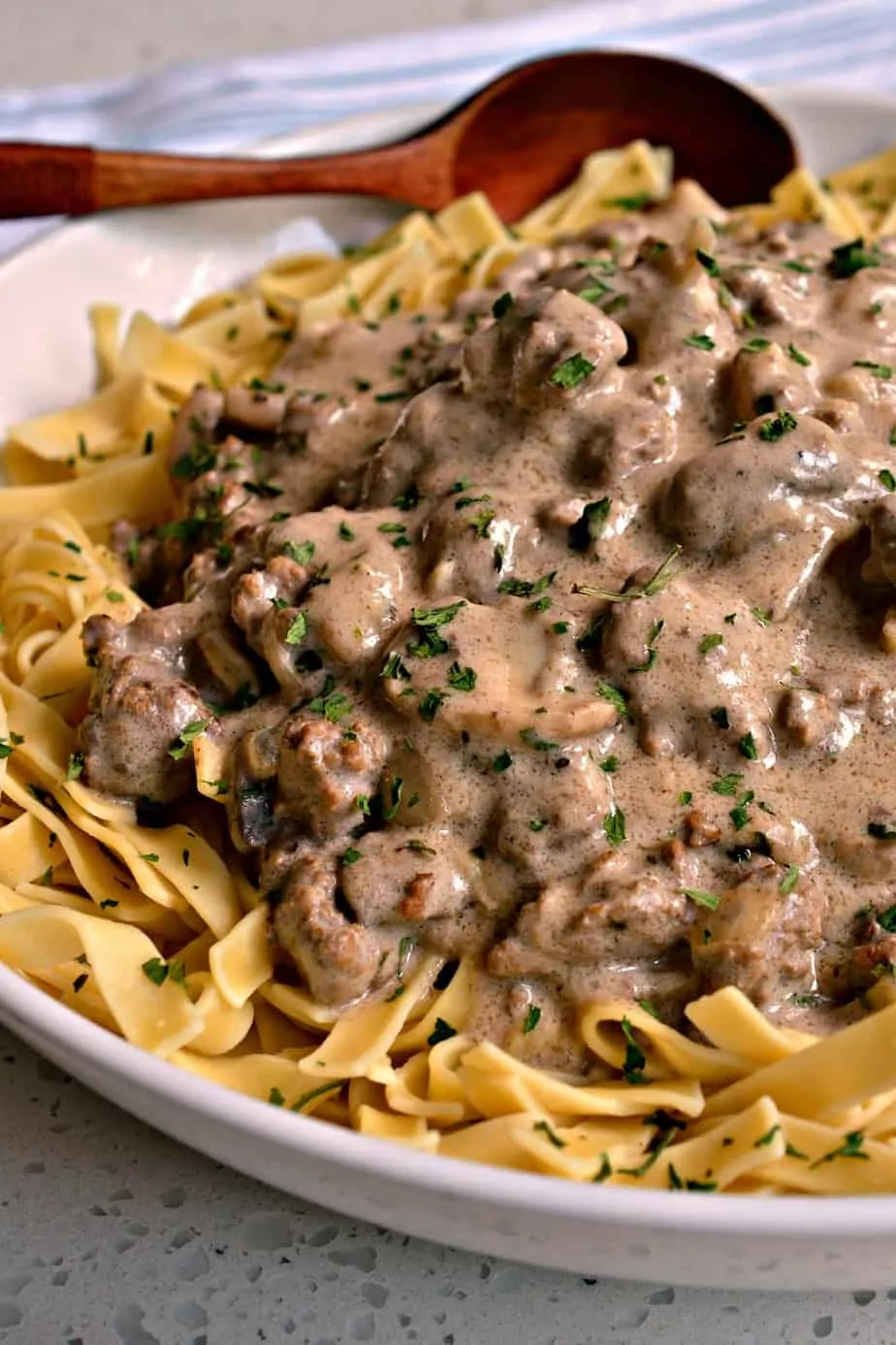 Ground Beef Stroganoff is a more frugal version of the classic beef stroganoff.