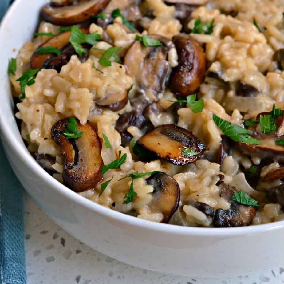 Mushroom Risotto is a creamy luscious Italian rice dish made with chicken broth and fresh mushrooms. 