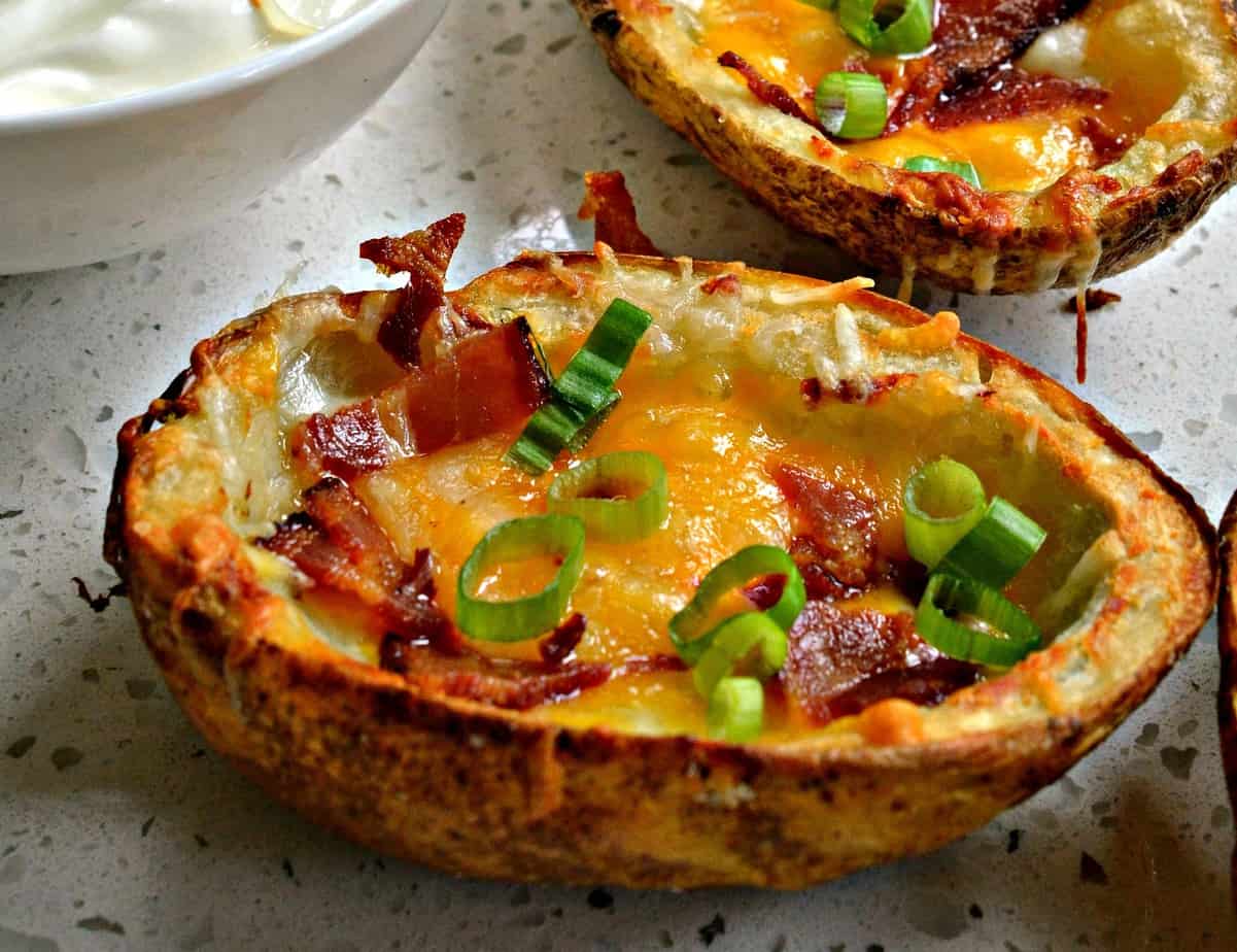 Crispy Potato Skins with Cheddar, Monterey Jack and Bacon