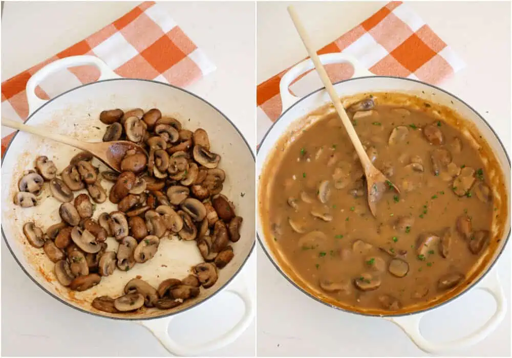 Some of the steps to making mushroom gravy. Start by melting a little butter in a large skillet over medium-high heat. Add the mushrooms and cook until brown, stirring several times. Then, reduce the heat and add the garlic and thyme, cooking for about 1 minute, stirring constantly. 
Sprinkle the mushrooms with flour and continue cooking for a few minutes, stirring continuously. Slowly add the beef stock, stirring to combine. Simmer for about 10 minutes. Season with fresh cracked black pepper and salt to taste.