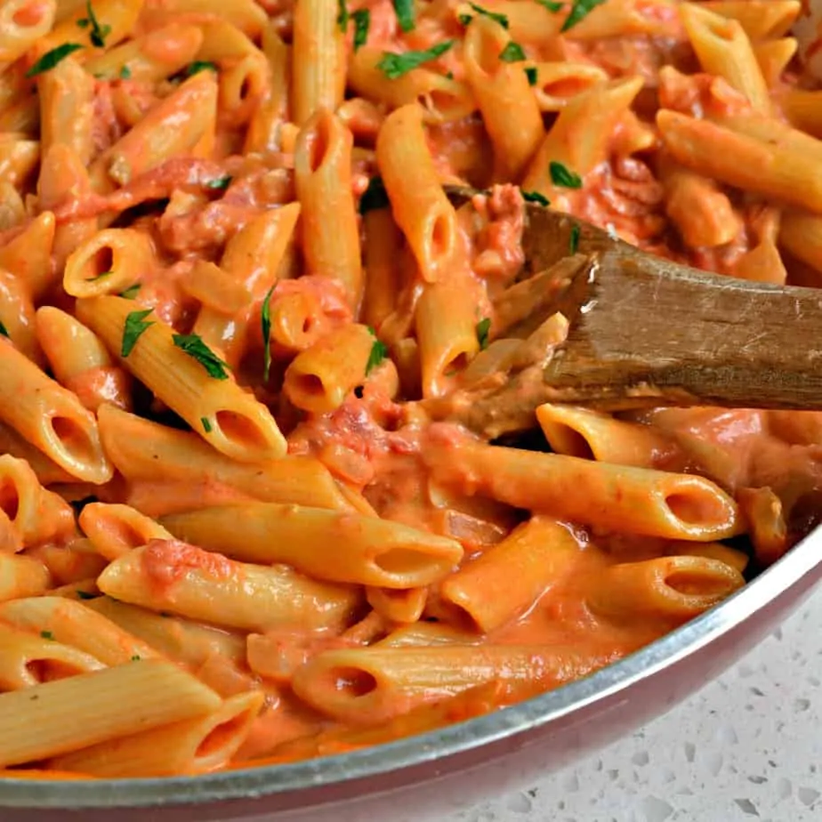 Penne alla Vodka is pasta in a creamy tomato sauce with sun ripened tomatoes, onions, garlic, vodka and Parmesan Cheese.