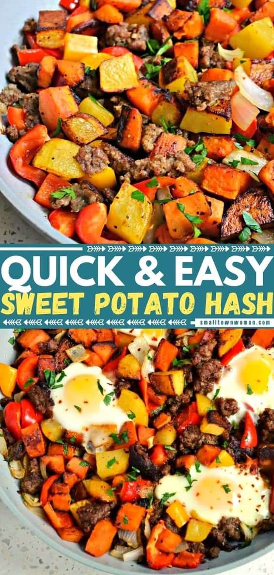 Sweet Potato Hash with Eggs Sausage and Peppers