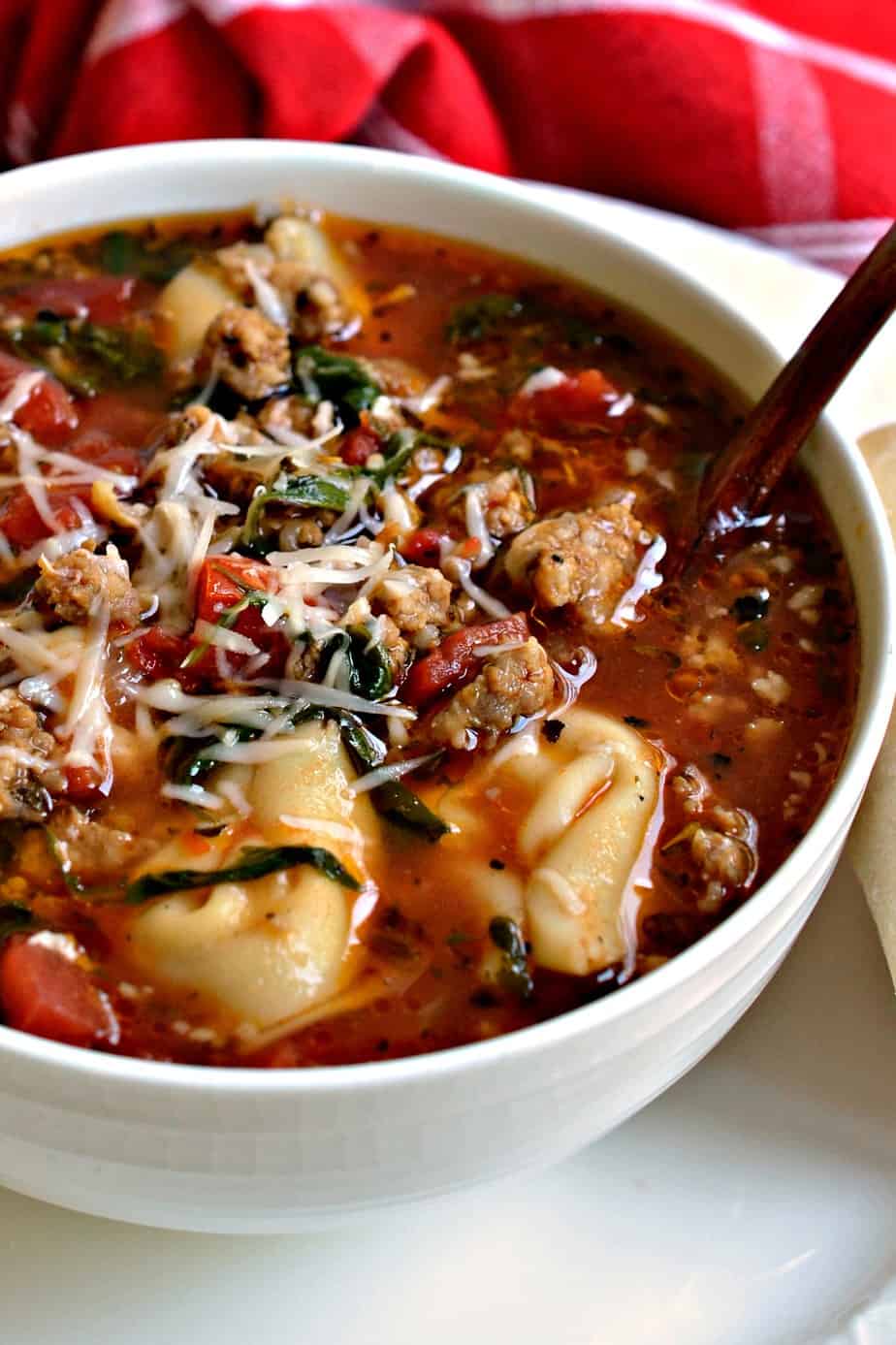 Serve this Cheese Tortellini Soup with a small garden salad with a light vinaigrette and fresh baguettes with creamy butter. 