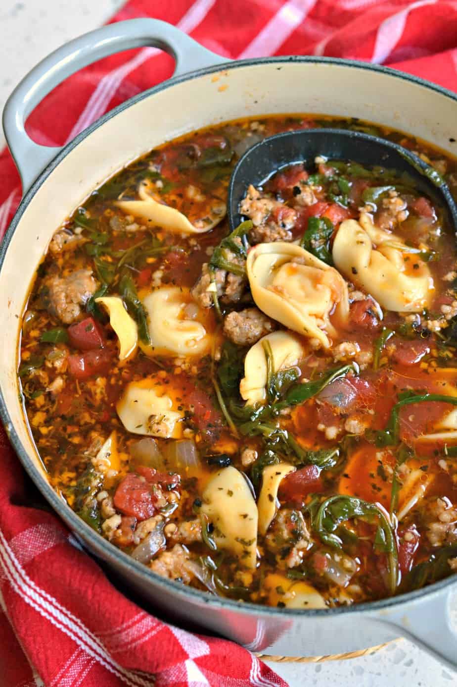 This hearty Tortellini Soup combines Italian sausage with cheese tortellini in a broth with tomatoes, onions, and garlic. 