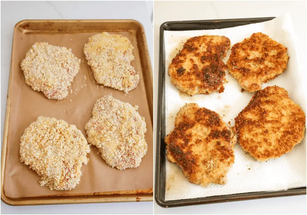 Some of the steps for making pork schnitzel. Dredge each pounded pork chop in the flour, then dip it in the egg, and then into the panko bread crumbs. Place it in the skillet and cook until golden brown on the bottom, then flip and brown the other side