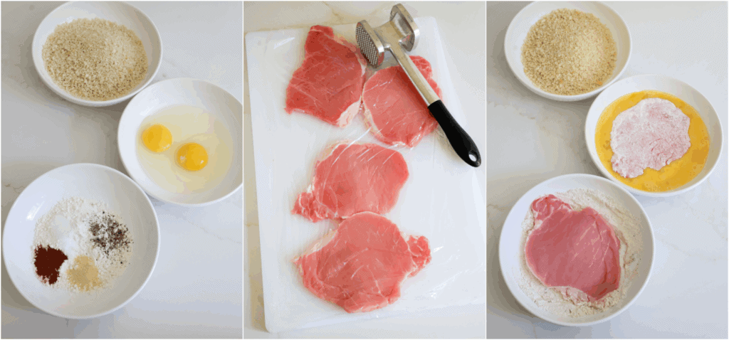 Start by trimming and pounding your pork chops to about 1/4 inch thick, so they cook all the way through at the same time as they are browned. Combine the flour, pepper, salt, garlic powder, and paprika in a shallow, wide bowl. Add the panko bread crumbs to another shallow wide bowl. In a third bowl, whisk the eggs. Dredge each pounded pork chop in the flour, then dip it in the egg, and then into the panko bread crumbs.