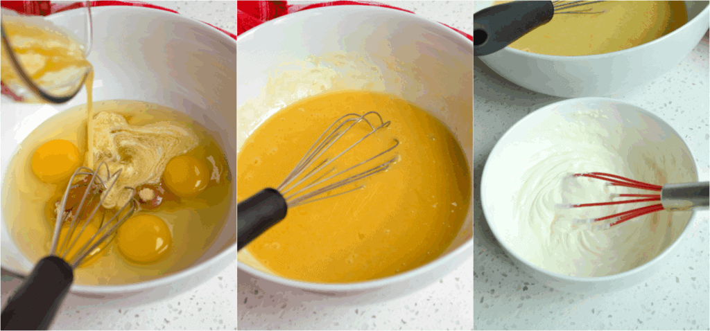 Some of the steps to making corn pudding. In a large bowl, whisk the eggs. Add the brown sugar and melted butter. Whisk the cream and cornstarch in a small bowl