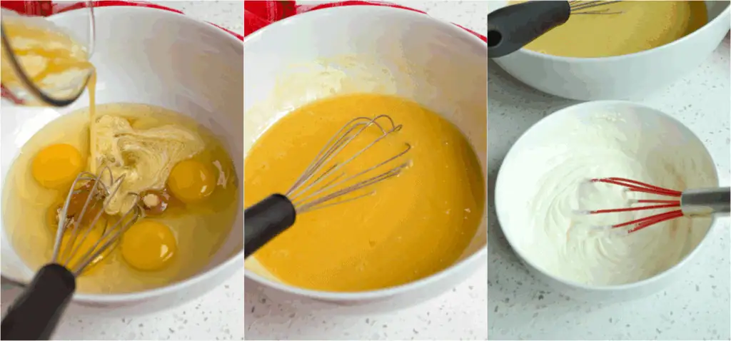 Some of the steps to making corn pudding. In a large bowl, whisk the eggs. Add the brown sugar and melted butter. Whisk the cream and cornstarch in a small bowl