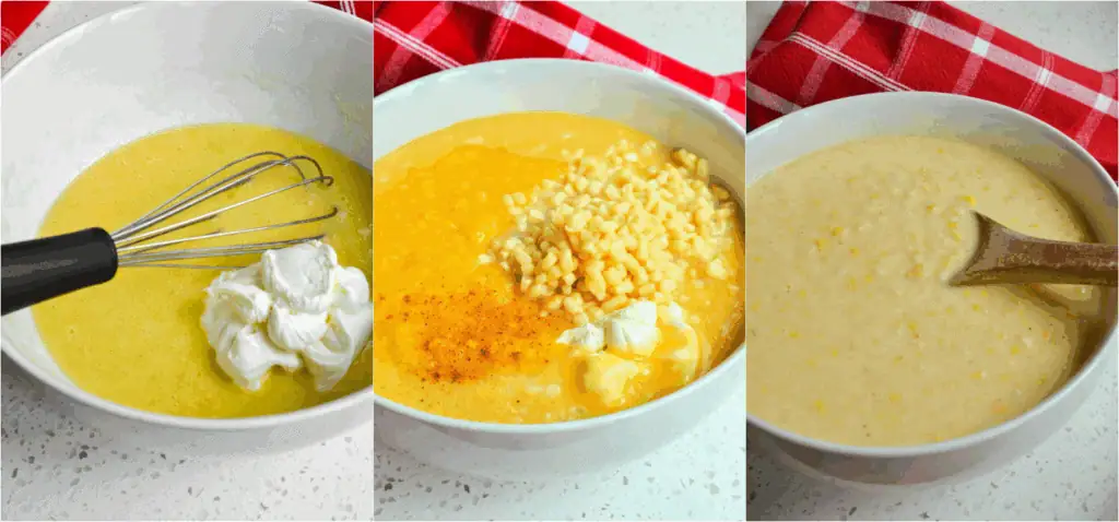 Some of the steps to making corn pudding. Whisk the corn starch mixture into the egg mixture.
Stir in the nutmeg, pepper, corn, and creamed corn. Pour it into a greased casserole dish and bake.