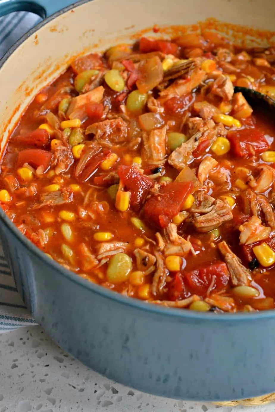 This bold and flavorful Brunswick Stew is bursting with flavor from pulled pork, chicken, corn, tomatoes and lima beans, 