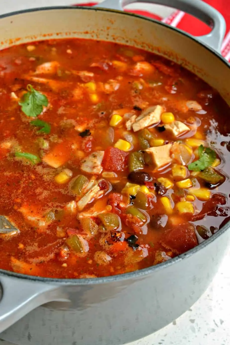 Chicken Taco Soup is bursting with fresh flavors from corn, black beans, fire roasted tomatoes and green chiles. 