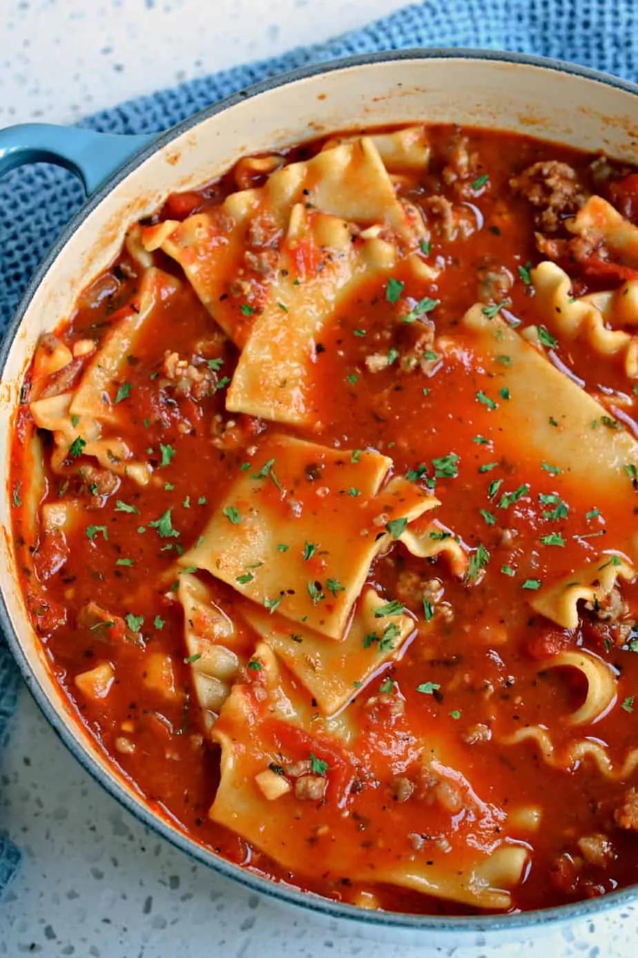 Lasagna Soup brings it all together with Italian Sausage, tomatoes, lasagna noodles and Italian spices all in one pot.