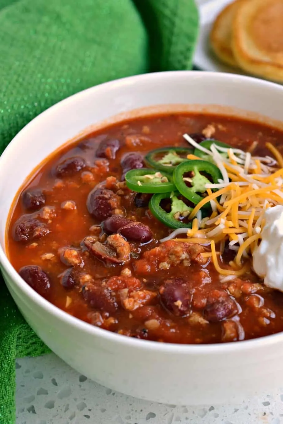 This thick, robust, hearty and flavorful Turkey Chili brings ground turkey, kidney beans, onions and garlic together. 