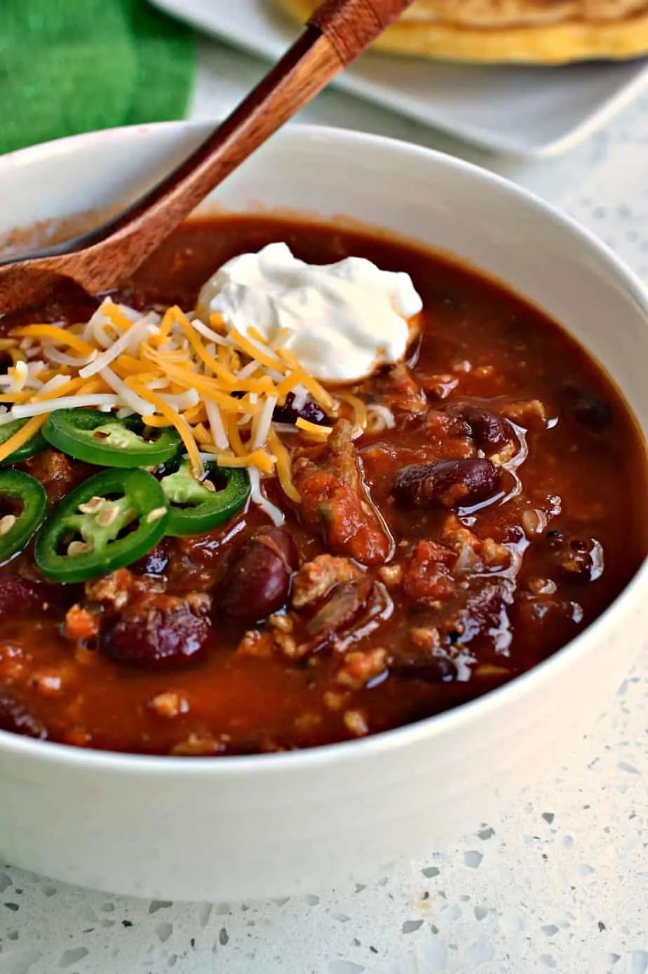This Family Friendly Ground Turkey Chili is perfectly seasoned and slow simmered for a thick robust finish.