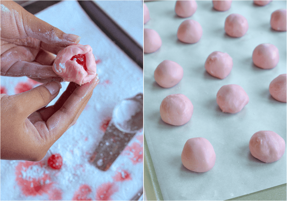 Some of the steps to making chocolate covered cherries. Pull up the fondant around the cherry. Roll it into a smooth ball and place it on a parchment paper-covered baking sheet. 
