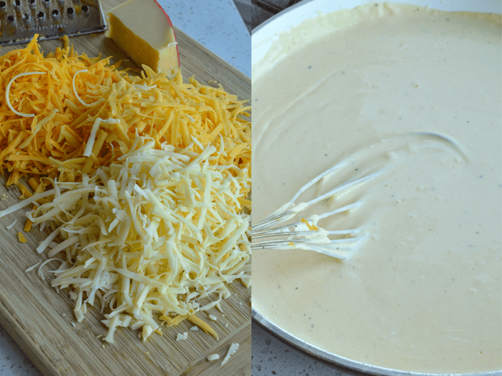 In a large pan over medium heat, melt the butter. Sprinkle in the flour, whisking continuously, and cook for 2 minutes. Stir in the milk and half-and-half in several intervals, alternating. Let it thicken for a few minutes, whisking frequently. Reduce the heat to low, whisk in half the cheese, then the paprika.